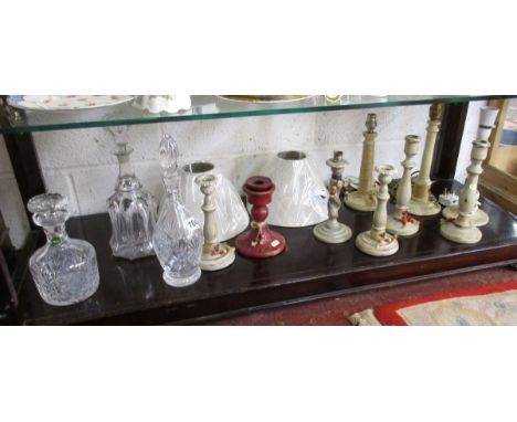 Collection of wooden sticks, 3 cut glass decanters and pair of lamp shades