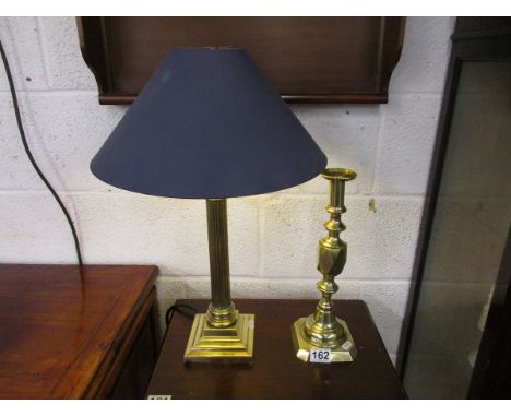 Brass table lamp and shade and brass candlestick