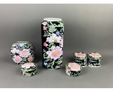 JAPANESE FAMILLE NOIRE STYLE VASE,31cm high, along with a smaller matching vase and lidded trinket dishes (6)