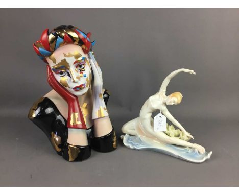 ART DECO CERAMIC BUST,31.5cm high, along with an Art Deco ceramic figure of a semi-nude dancer (2)Condition report: Bust by G