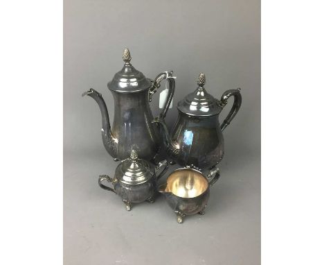 SILVER PLATED FOUR PIECE TEA SERVICE,along with other metal and brass ware including candle holders and a hand mirror