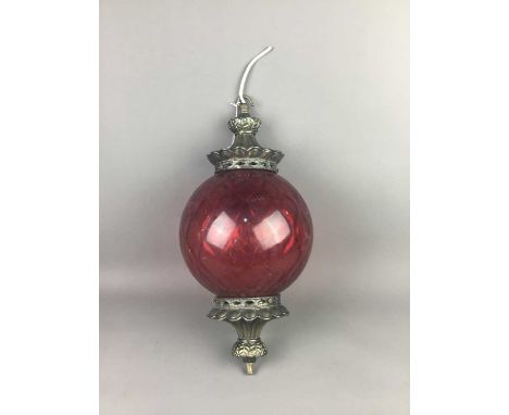 GILTMETAL CEILING PENDANT,with ruby glass globular shade, 54 cm high