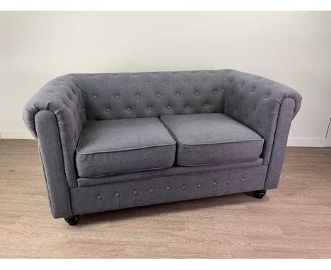 MODERN GRAY TWO SEAT BUTTON BACK SETTEE,150cm wide, originally purchased Nancy Smillie, Glasgow