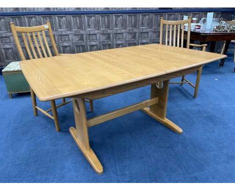 ERCOL BLONDE OAK DINING TABLE,148cm long unextended, 91cm wide, along with six chairs