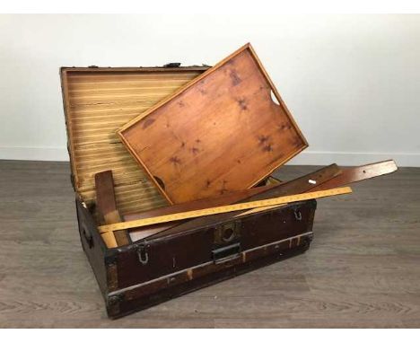 CABIN TRUNK, 75cm wide, along with three vintage T-squares, a yard ruler and a tray