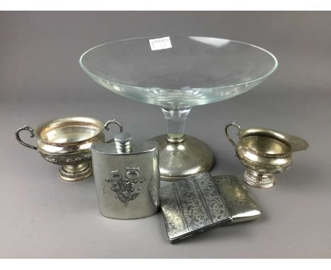 GLASS DECANTER WITH SILVER COLLAR,with stopper, 32cm high, along with a glass tazza with silver foot, 27.5cm diameter, two co