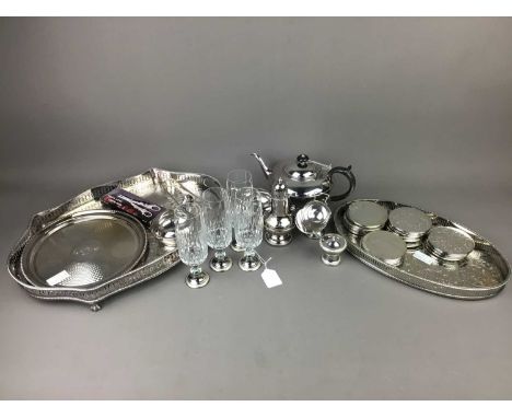 PLATED THREE PIECE TEA SERVICE,along with two trays, a salver, set of four champagne glasses and other plate