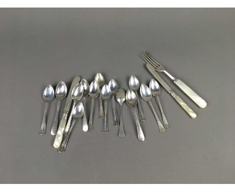 GROUP OF SILVER FLATWARE,including teaspoons, two mother of pearl handled silver bladed butter knives and a similar fork, wei