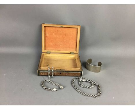 SILVER BANGLE,along with two necklaces marked 925, and a bracelet without clasp, contained in an Eastern inlaid box