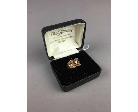 NINE CARAT GOLD GEM SET AND PEARL RING