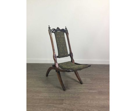 VICTORIAN MAHOGANY FOLDING CHAIR,with machined tapestry back and seat