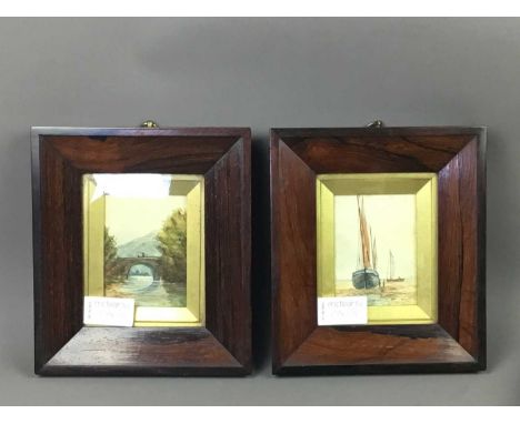 TWO SMALL WATERCOLOURS,two boats at sea and a rural river landscape in rosewood frames, along with two 19th century coloured 