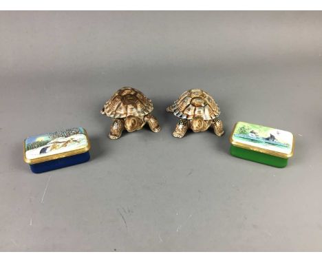 FIVE HALCYON DAYS ENAMEL PILL BOXES,boxed, along with Wade tortoises