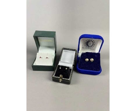 PAIR OF DIAMOND STUD EARRINGS,along with a pair of sapphire earrings and a pair of ruby earrings (3)