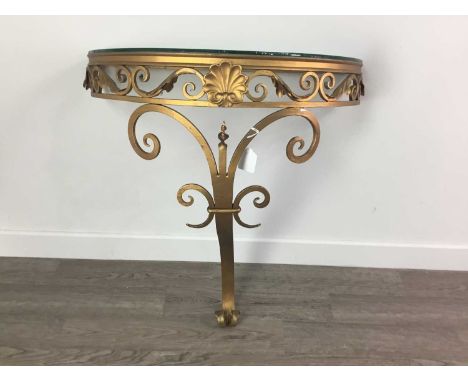 GILTMETAL CONSOLE TABLE,with a frosted glass top