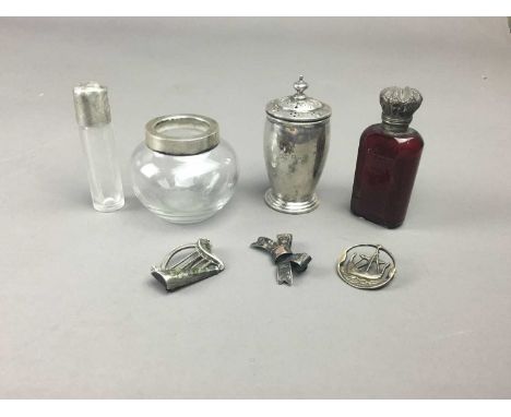 VICTORIAN RUBY GLASS PERFUME BOTTLE,along with a small group of silver items including pepper pot and harp badge 