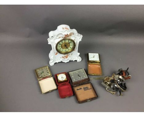 VICTORIAN PORCELAIN MANTEL CLOCK,21.2cm high, along with four travelling time pieces and assorted costume watches