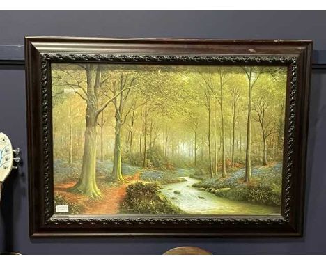 DECORATIVE PRINT OF A WOODLAND SCENE,framed and under glass, 66cm x 92cm overall