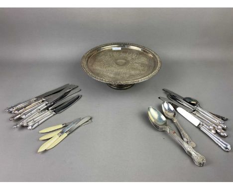 SILVER PLATED THREE PIECE TEA SERVICE,along with silver plated and other items including flatware, goblets and tea ware