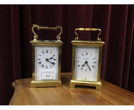 TWO BRASS CARRIAGE CLOCKS,with white enamel dials, both 12cm high
