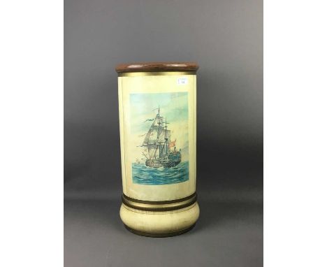 PAINTED METAL STICK STAND,decorated with a print of a ship, 49.5cm tall