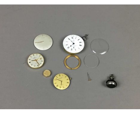 SET OF FIVE MIKIMOTO WHITE METAL AND SEED PEARL CAVIAR SPOONS,boxed, along with a collection of watch movements, including Ch