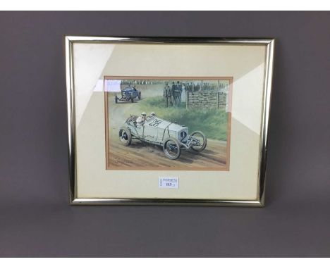 PRINT AFTER GRAHAM TURNER,AT THE OPEN WHEEL CIRCUIT mounted, framed and glazed, 31.5cm x 37.5cm overall, along with a printed