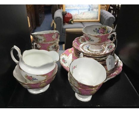 ROYAL ALBERT 'LADY CARLYLE' PATTERN TEA SERVICE,comprising 6 cups, 6 saucers, 6 side plates sugar bowl, milk jug and cake pla