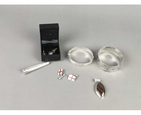 GROUP OF SILVER AND WHITE METAL ITEMS,comprising two bangles (one inscribed to interior), a cigarette holder, a pair of engin
