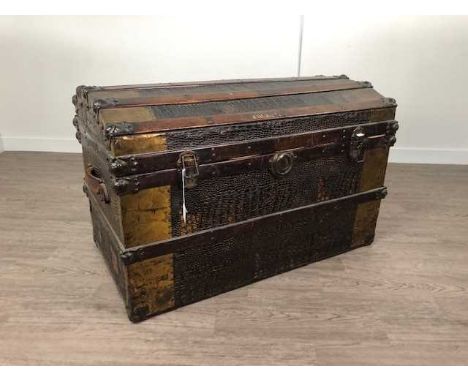 LATE 19TH CENTURY CABIN TRUNK,with brass mounts, wood straps over simulated lizard skin, 93cm wide
