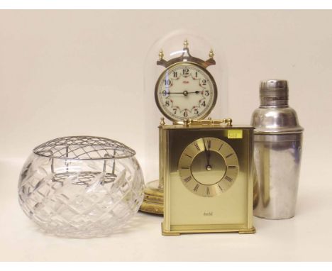 100 day mantel clock, Churchill Quartz clock, cocktail shaker and glass rose bowl. Condition report: See terms and conditions