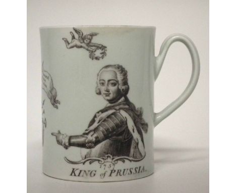 Worcester mug circa 1757 printed with the King of Prussia after Robert Hancock, Condition report: See terms and conditions.  