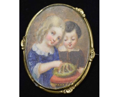 English School, early 19th century,   Portrait miniature of two children, oval, watercolour on ivory, 5.5cm.; 2.25in high, se