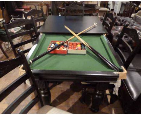 BCE 2000 Series lounge snooker/pool table, dining table and six ladder-back chairs, complete with balls and cues. Condition r