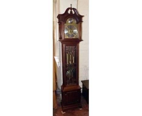 Modern three train longcase clock with glass door. Condition report: See terms and conditions.    