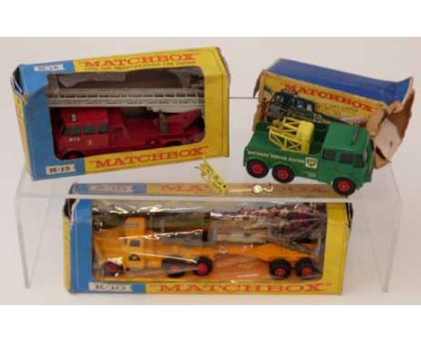 Matchbox Merryweather Fire Engine (K-15) boxed, heavy breakdown truck (K-12) boxed and king size pipe truck (K-10) boxed. Con
