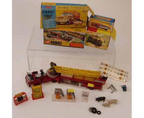 Corgi Major Toys aerial rescue truck and tractor, four empty boxes and plastic forecourt objects etc. Condition report: See t