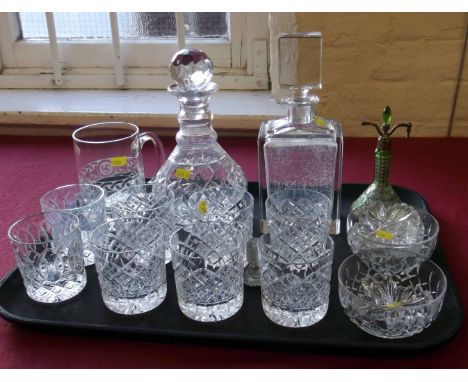 Cut glass Whiskey decanter complete with eight glasses (8+2), chanel shaped decanter and other mixed glass ware. Condition re