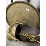 Brass and other metalware including coal scuttle, pot, plates, griddles, candlesticks, fire