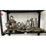 Silver plated tea set with teapot, coffee pot, milk and sugar, plus two sets of condiments, on