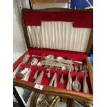 Elkington 77-piece silver plated flatware with plain pine handles in a canteen.