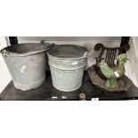 Late 19th/early 20th cent. Galvanised buckets x 2, cast iron boot scraper in the form of a lyre