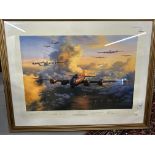 Two maritime prints, one depicting the QE2, a signed print of the yacht Lionheart and a metal