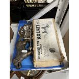 Silver plated nutcrackers x 2, wick trimmers x 2, butter dish A/f. Plus a novelty Linton puppy dog