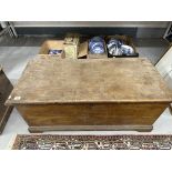 19th cent. Pine blanket box with candle compartment, iron handles, and bracket feet. 40ins. x 19ins.
