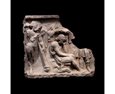 A Roman Marble Sarcophagus Fragment Depicting EndymionCirca 2nd-3rd Century A.D.Length 25 1/2 inches (65 cm).Property from a 