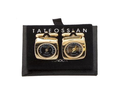 Tateossian Londra, gemelli in acciaio di forma carré con termometro su fondo nero. Astuccio originale Tateossian London,  ste