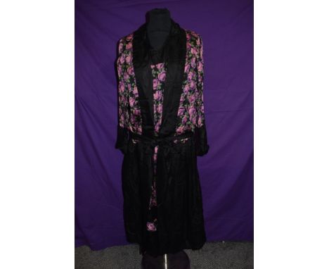 A stunning 1920s silk day dress with vibrant rose patterned sections and belted waist, also included is a blouse or cover up 