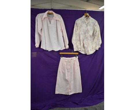 A highly collectable 1970s BIBA blouse and skirt in pale pink and another blouse in pale pink by Bus stop.