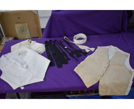 A collection of gents accessories including collars, evening scarf and waistcoat, and an antique shooting waistcoat or simila